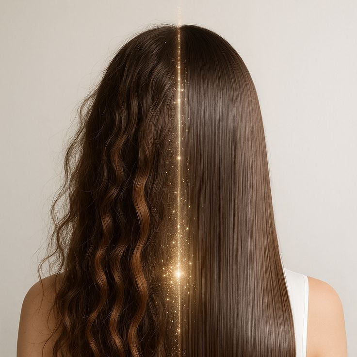 Person with long, wavy hair on one side and straight hair on the other against a neutral background