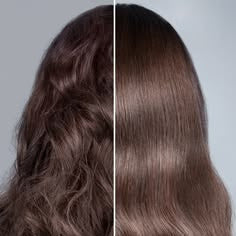 Side-by-side comparison of wavy and straight brown hair on a neutral background