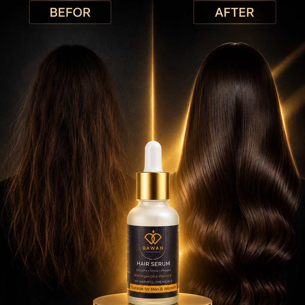 Hair serum bottle with 'Before' and 'After' hair comparison on a dark background